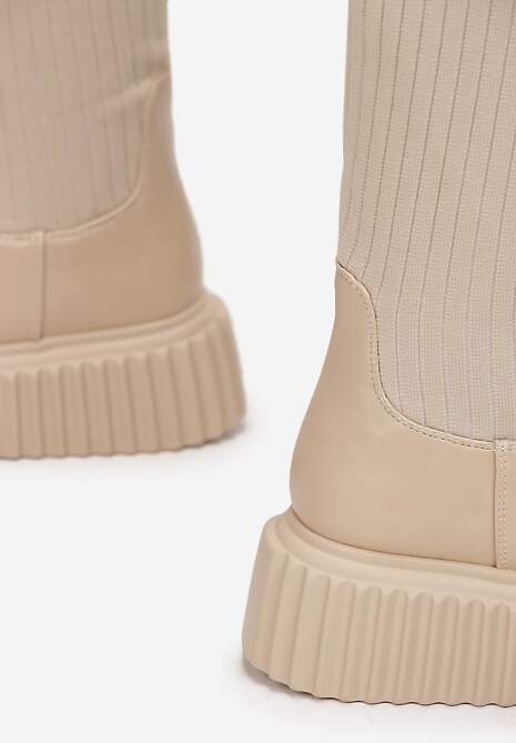 Beżowe Kozaki z Elastyczną Cholewką za Kolano na Platformie Cese