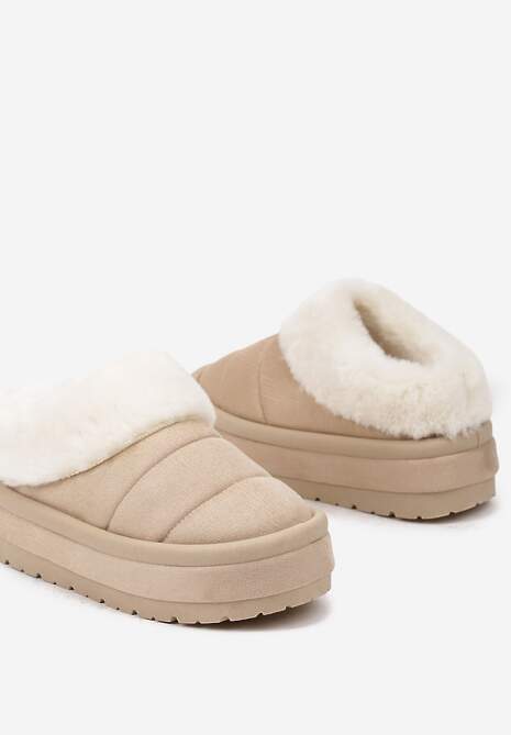 Beżowe Niskie Śniegowce Ekozamszowe na Platformie z Pikowaniem i Futerkiem Realira