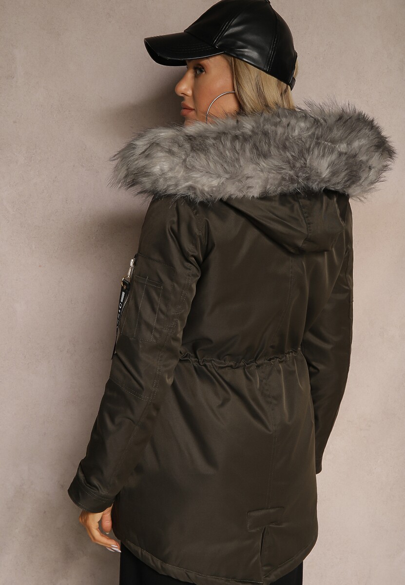 Zielono-Szara Kurtka Parka z Kapturem i Futrzanym Obszyciem z Możliwością Odpięcia Inaveira