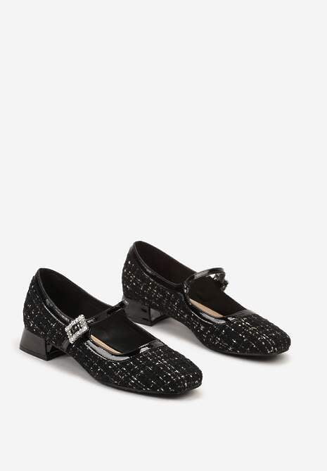Czarne Czółenka Tweedowe na Słupku w Stylu Mary Jane Ozdobione Lakierowanymi Wstawkami Valentta