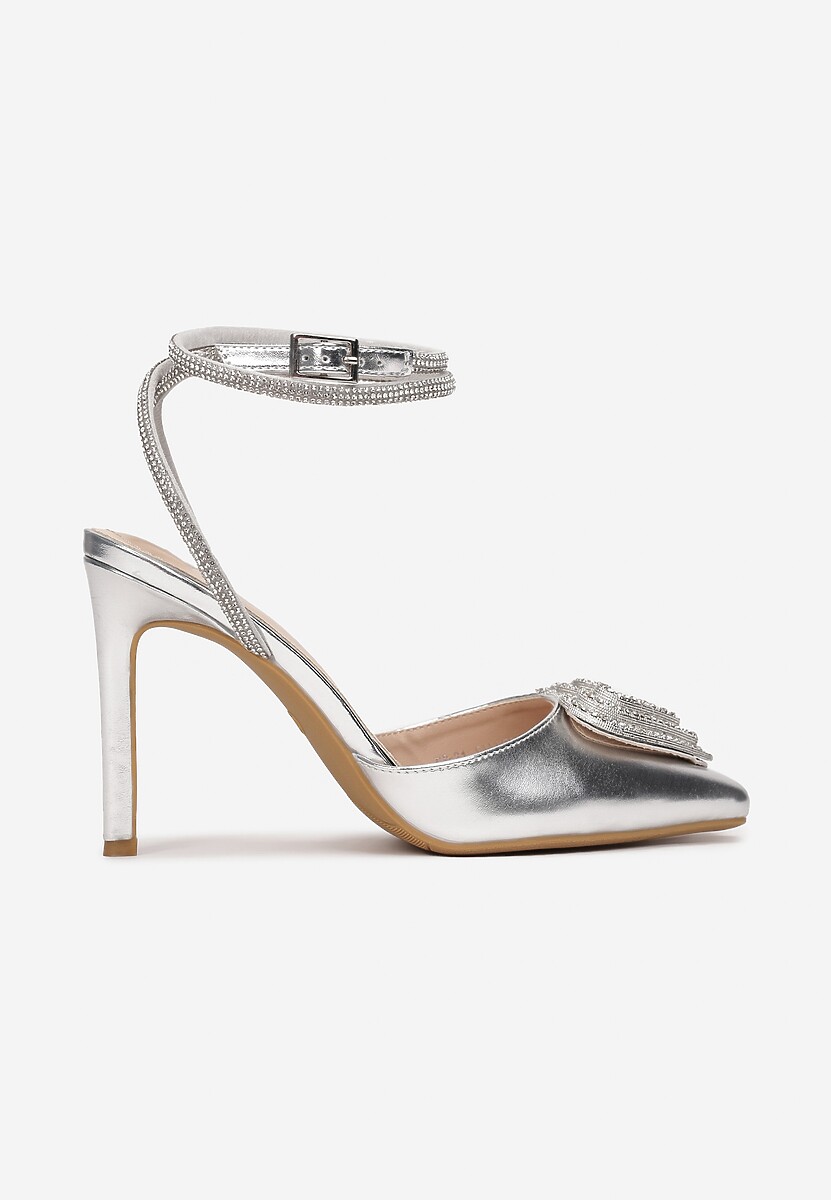 Srebrne Metaliczne Sandały na Obcasie z Cyrkoniami Florivia