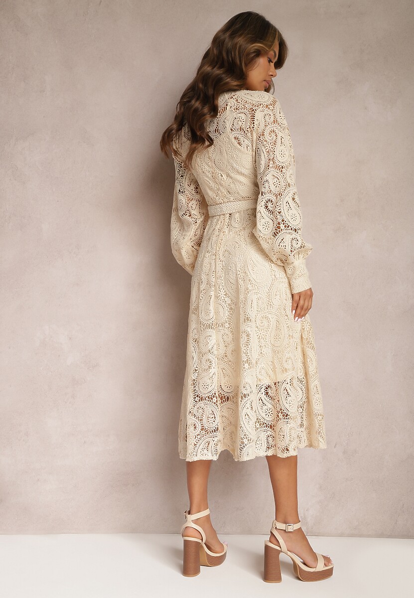 Jasnobeżowa Koronkowa Sukienka Midi z Ozdobnym Wiązaniem Camaela