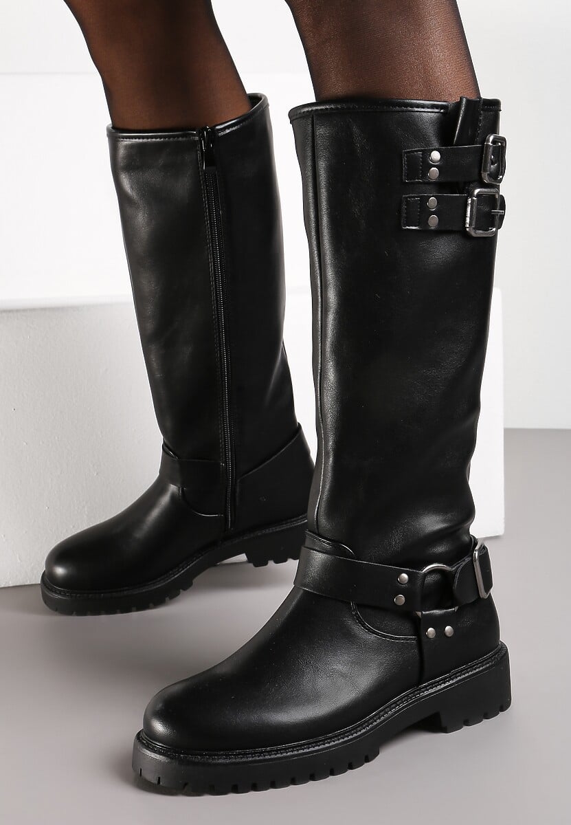 Czarne Kozaki Biker z Ozdobną Klamerką Verine