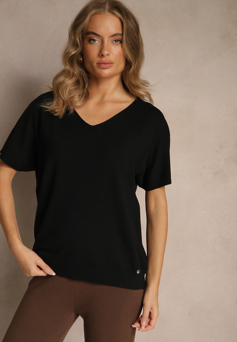 Czarna Bluzka z Dzianiny z Dekoltem w Serek Fenalise