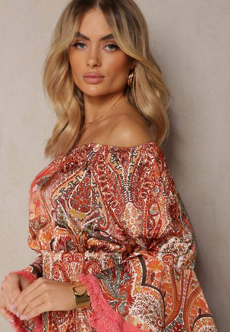 Czerwona Rozkloszowana Sukienka w Print Paisley z Frędzelkami i Hiszpańskim Dekoltem Jotalle