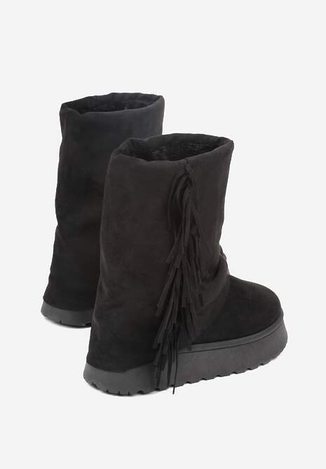 Czarne Botki Śniegowce z Wywiniętą Cholewką Zdobioną Frędzlami Sewela