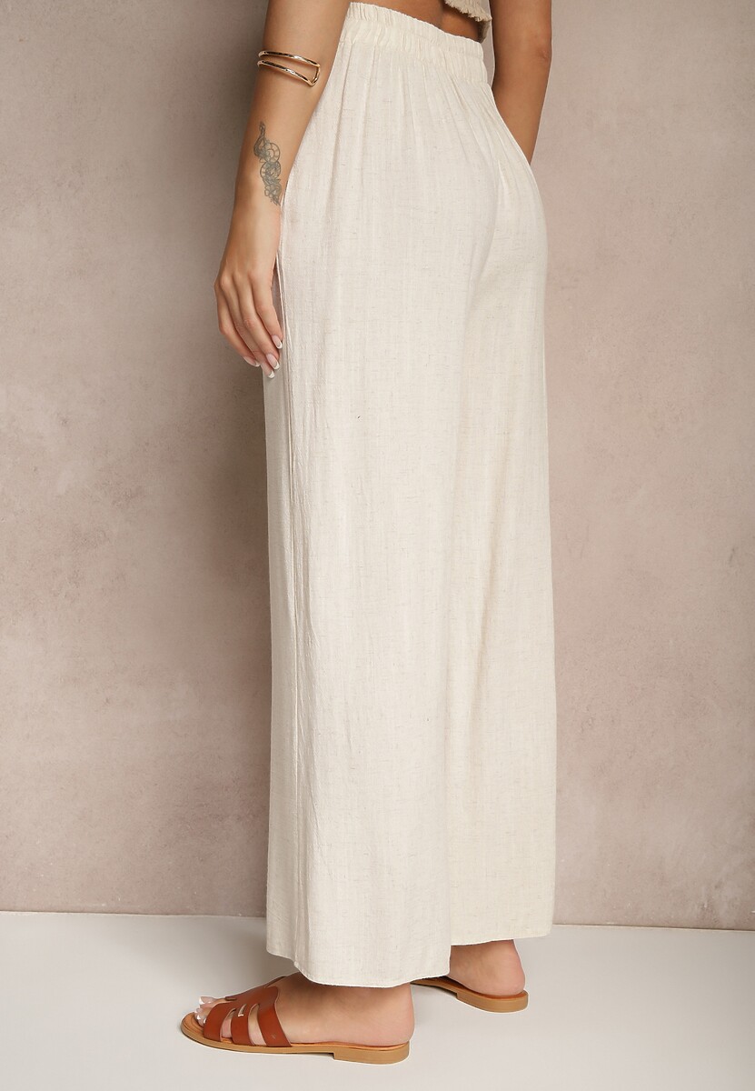 Beżowe Szerokie Spodnie z Lnem High Waist Sanariela