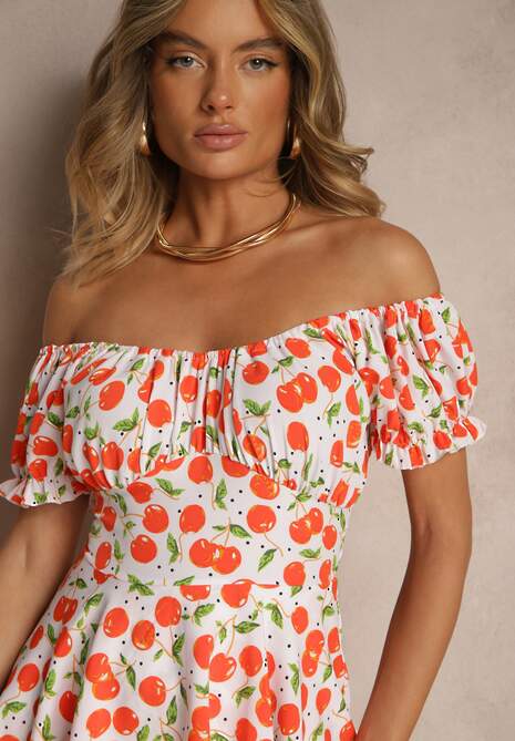 Biała Sukienka Rozkloszowana z Bawełną w Wisienki Lunasella