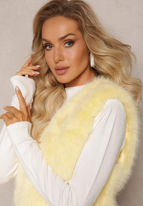 Żółta Puchata Kamizelka z Futerka Ozdobiona Imitacją Skóry Tekllesa