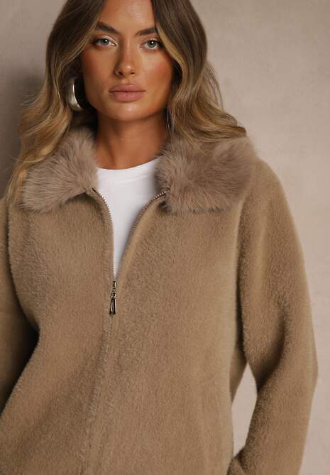 Ciemnobeżowy Zasuwany Kardigan z Wełną z Futerkowym Kołnierzem Asiste