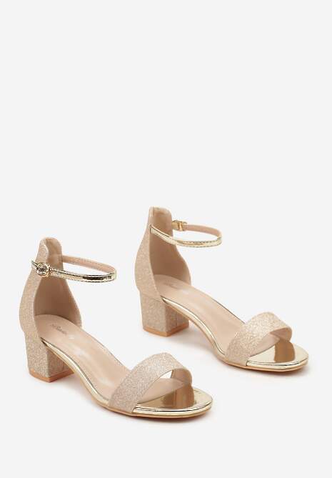 Złote Brokatowe Sandały na Słupku Zapinane Wokół Kostki Viatera