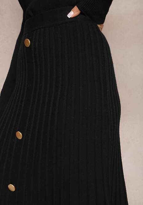 Czarna Rozkloszowana Spódnica Midi z Szerokimi Prążkami i Ozdobnymi Guzikami Sussurro