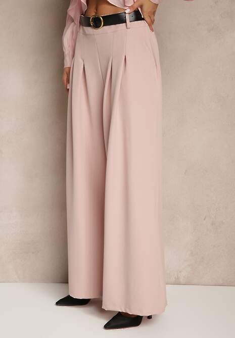 Różowe Eleganckie Szerokie Spodnie Garniturowe z Wiskozą Ozdobione Paskiem Ravinae