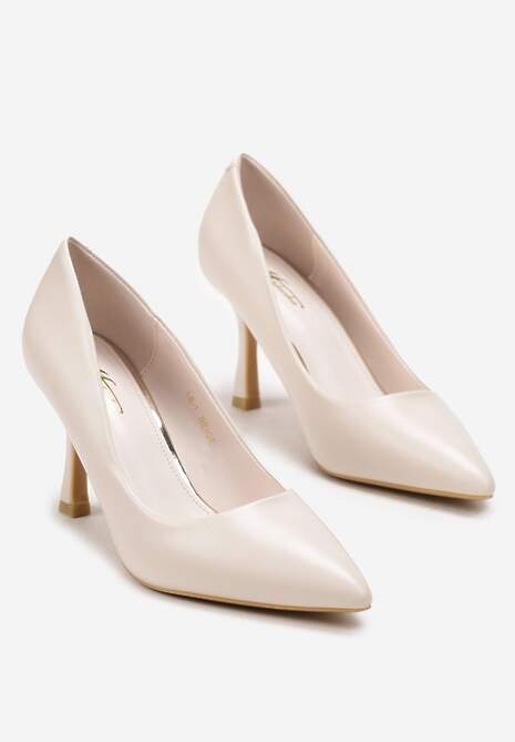 Jasnobeżowe Szpilki z Ekoskóry na Szpiczastym Noskiem Casson