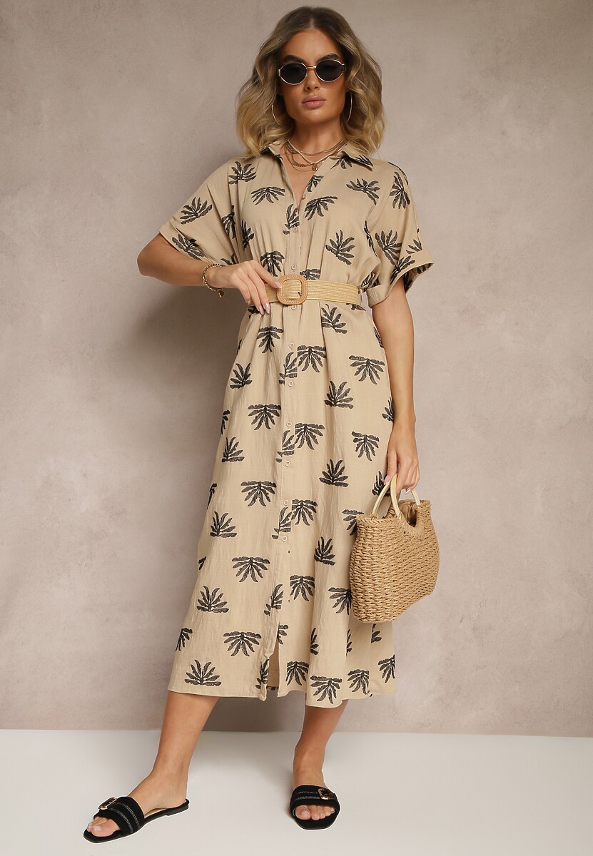 Beżowa Wiskozowa Sukienka o Koszulowym Kroju z Haftem i Paskiem z Klamrą Lioessa