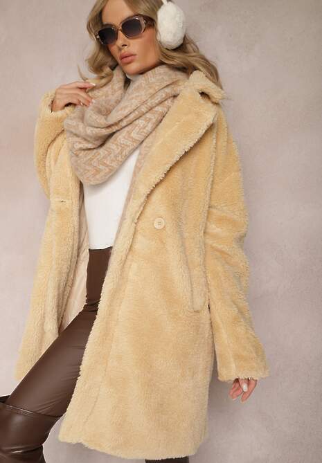 Beżowy Płaszcz Typu Teddy z Futerka z Kieszeniami Serenzi