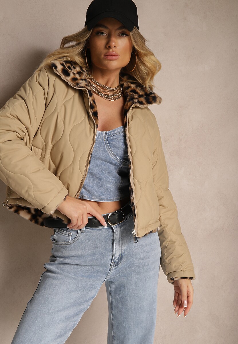 Czarna Dwustronna Kurtka z Pikowanymi Przeszyciami i Futerkiem w Panterkowy Wzór Cesita