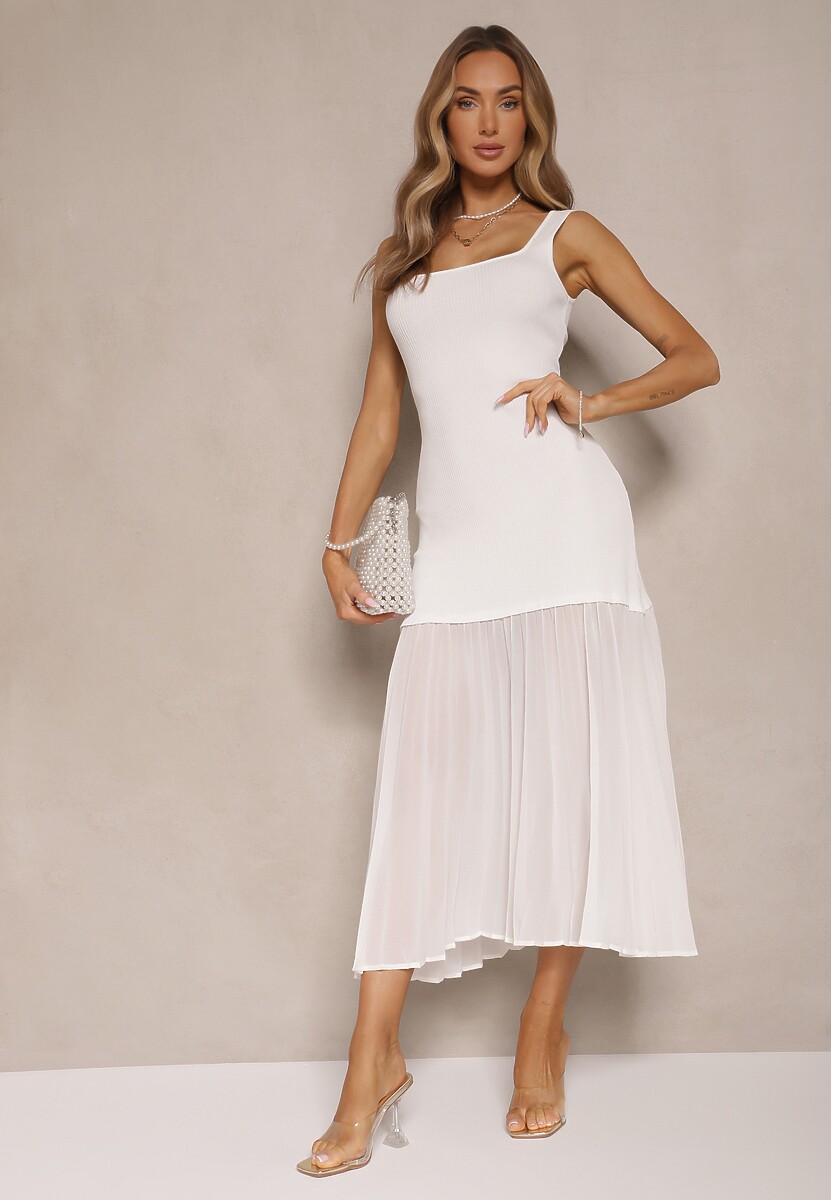 Biała Taliowana Sukienka na Ramiączkach z Prążkowanej Tkaniny z Tiulem Nolzedi