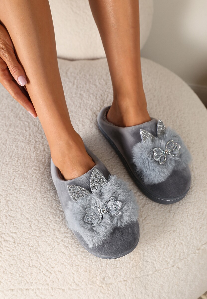 Szare Kapcie na Płaskiej Podeszwie z Cyrkoniami i Futerkiem Dezilie
