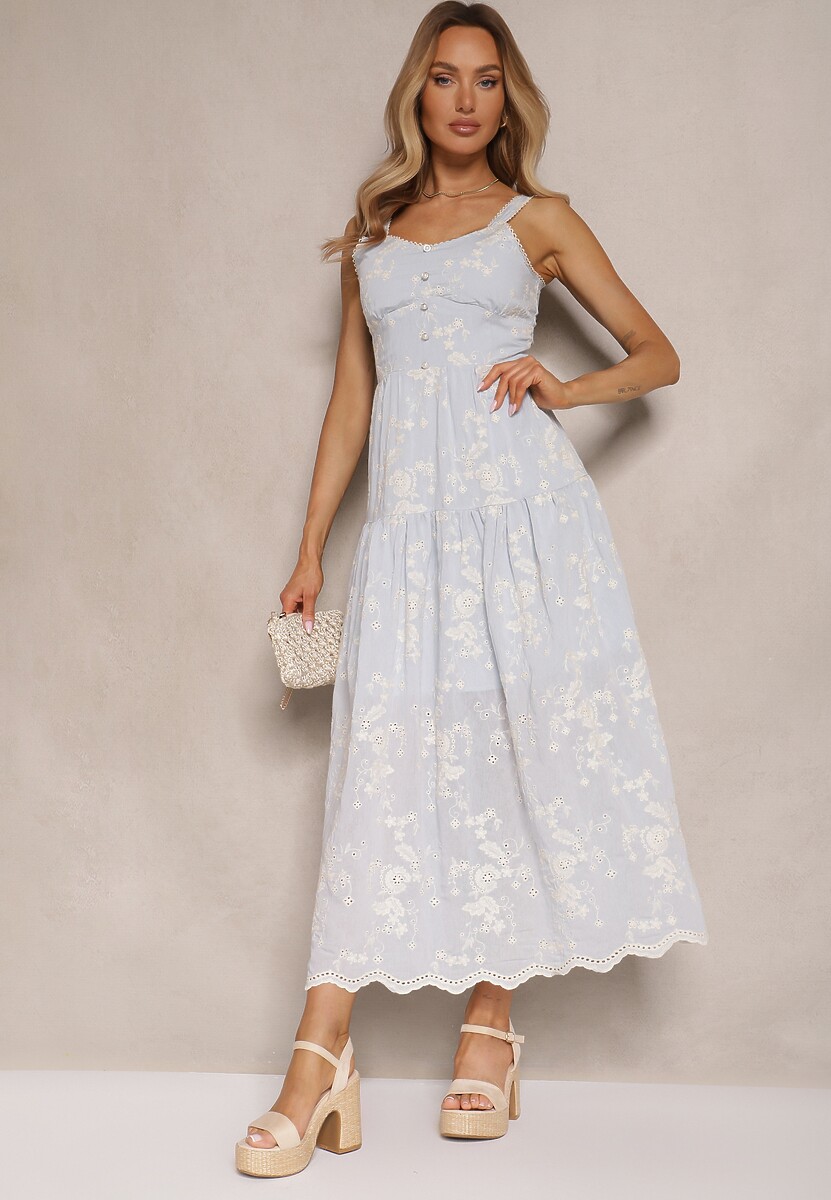 Niebieska Boho Sukienka Wiskozowo-Bawełniana z Guzikami na Ramiączkach w Kwiatowy Print Lildexis