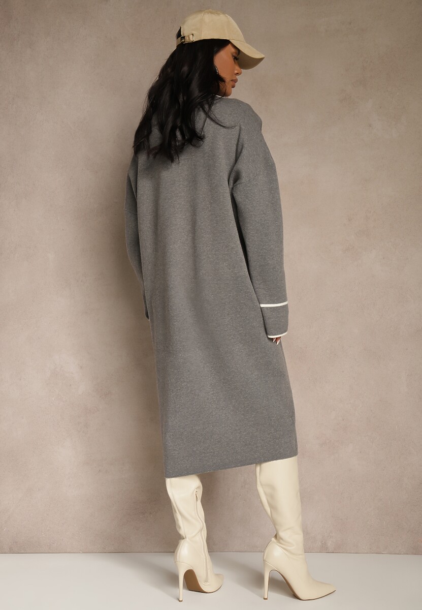 Szary Niezapinany Kardigan o Długim Kroju z Lamówką Venisse