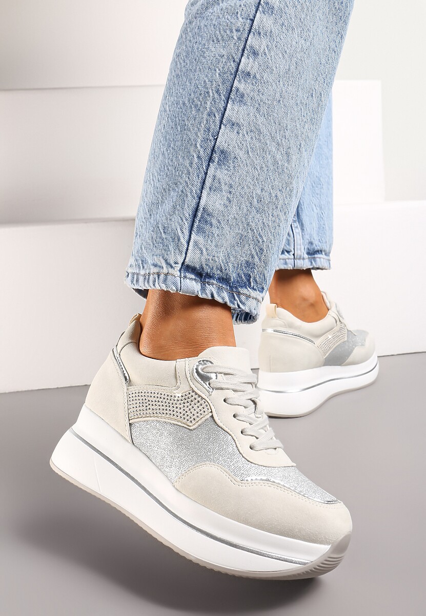Beżowe Sneakersy na Platformie z Cyrkoniami na Boku Oarema