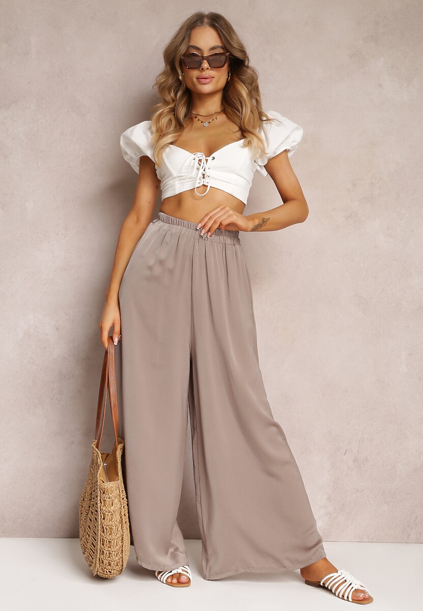 Ciemnobeżowe Spodnie z Szerokimi Nogawkami i Gumką w Pasie Jacobisa