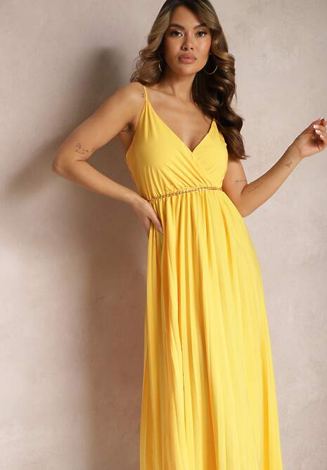 Żółta Długa Sukienka Kopertowa o Rozkloszowanym Kroju na Ramiączkach Kaemera