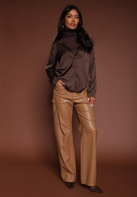 Ciemnobeżowe Spodnie z Imitacji Skóry Szerokie Narash