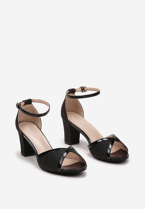 Czarne Brokatowe Sandały ze Sprzączką na Słupku z Metalicznymi Wstawkami Alpireva