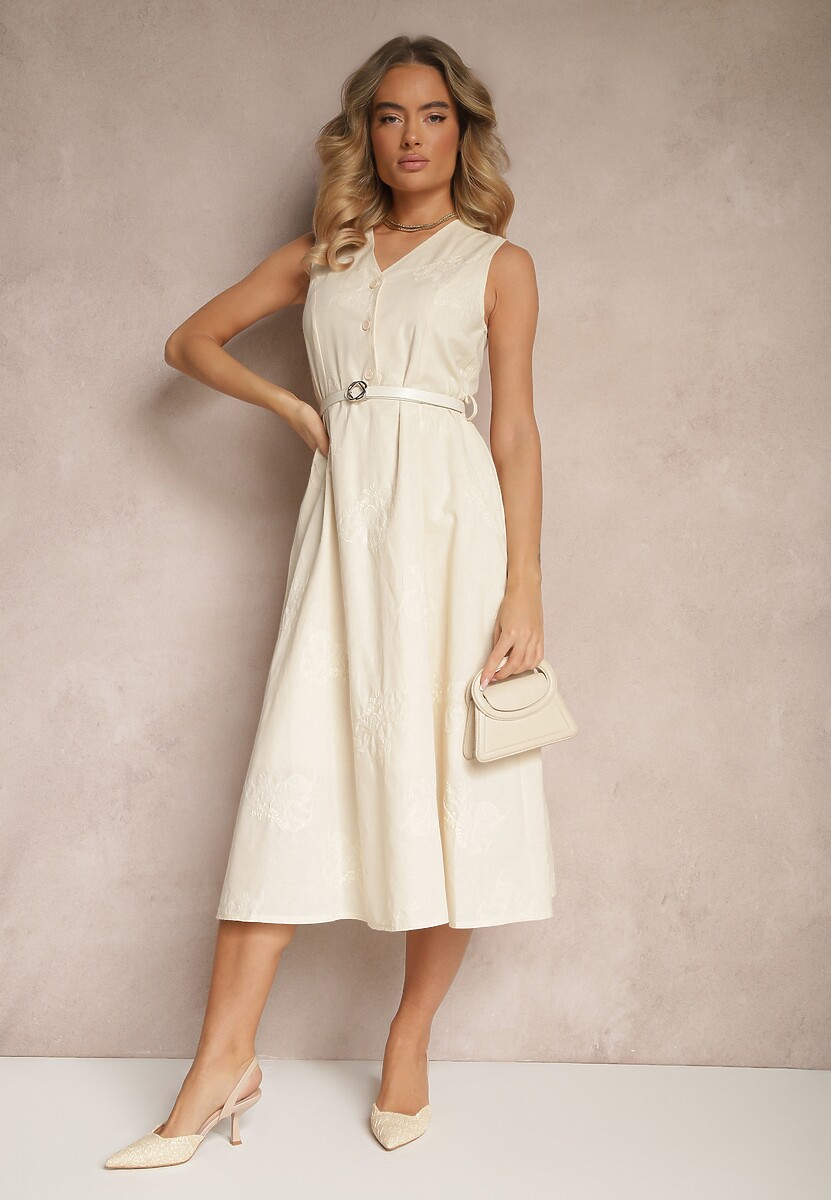 Jasnobeżowa Rozkloszowana Sukienka z Wiskozą z Paskiem i Guzikami Ulisena