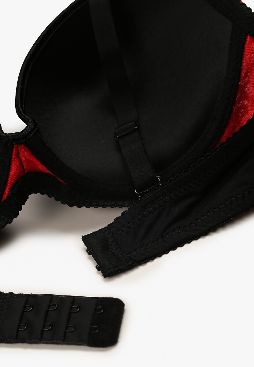 Czarno-Czerwony Biustonosz  Full Cup Ozdobiony Koronką i Małą Zawieszką z Cyrkonii Nedolse