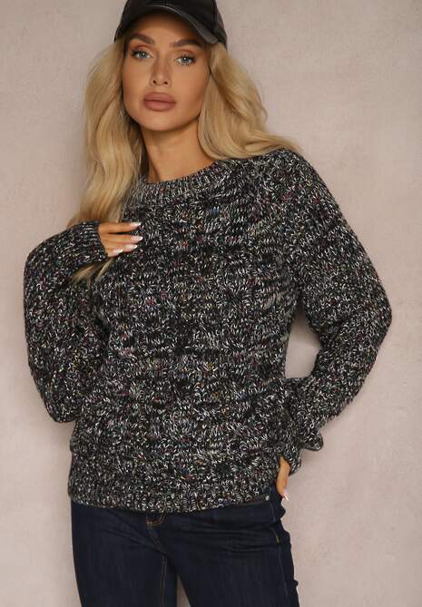 Czarny Sweter z Dodatkiem Wełny z Tłoczonym Zdobieniem i Kolorową Nitką Terivana