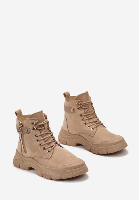 Brązowe Sznurowane Traperki z Ekozamszu z Suwakiem i Paskiem z Napisami Dikofena