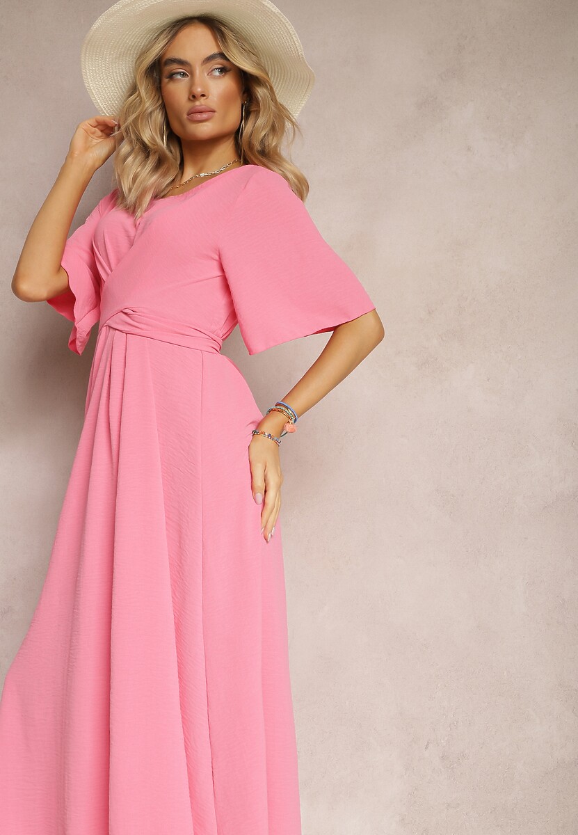 Różowa Rozkloszowana Sukienka Maxi z Szerokim Rękawem i Gumką w Pasie Sador