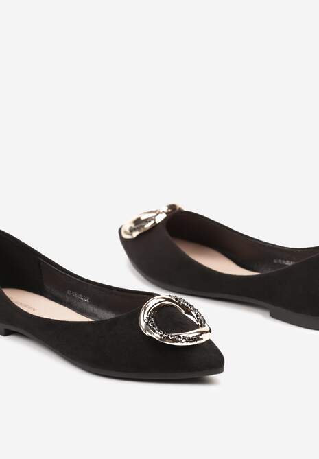 Czarne Płaskie Balerinki Ozdobione Aplikacją o Złotym Wykończeniu Edolia