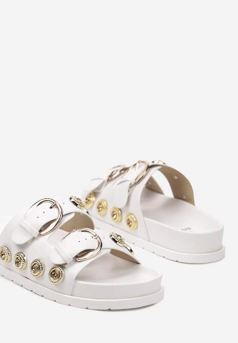 Białe Klapki z Dwiema Sprzączkami Ozdobione Kryształkami Triamara