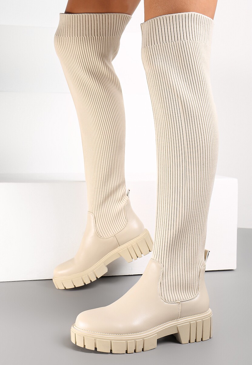 Beżowe Kozaki z Elastyczną Cholewką za Kolano Meyo