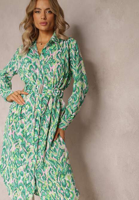 Zielona Wzorzysta Sukienka z Kołnierzykiem i Dodatkowym Paskiem Verenice