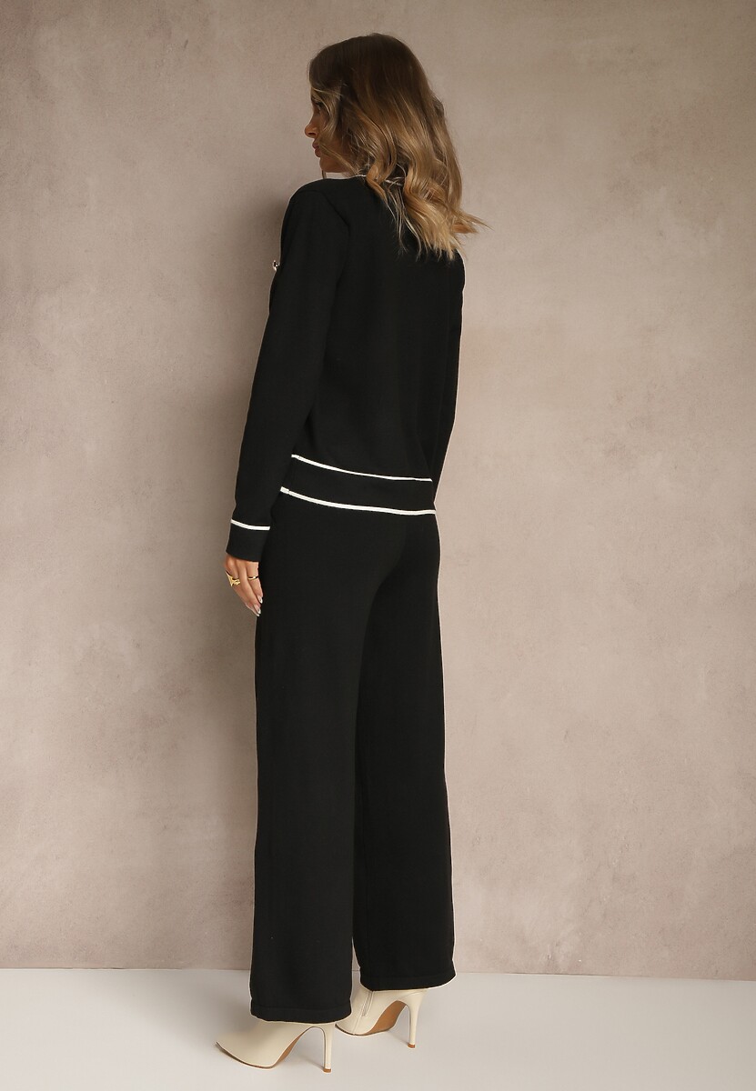 Czarny Komplet z Dzianiny Spodnie Wide Leg i Retro Kardigan Giosila