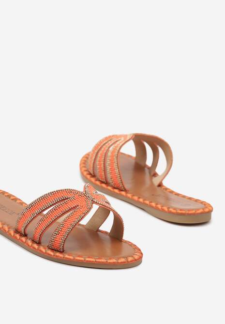 Pomarańczowe Klapki na Płaskiej Podeszwie ze Zdobieniami Vornia