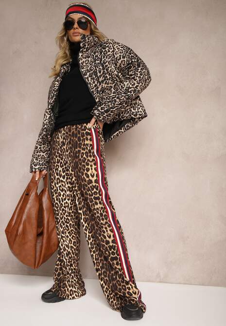 Brązowe Spodnie z Wiskozą High Waist o Szerokim Kroju z Lampasami Elosina