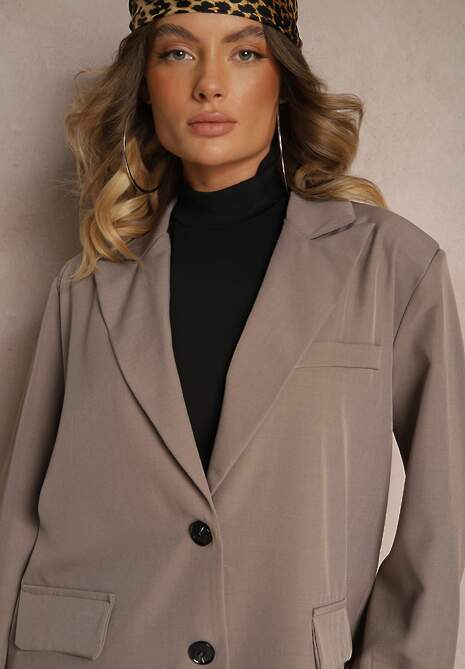 Beżowa Jednorzędowa Marynarka z Wywiniętymi Rękawami i Usztywnioną Linią Ramion Mialassa