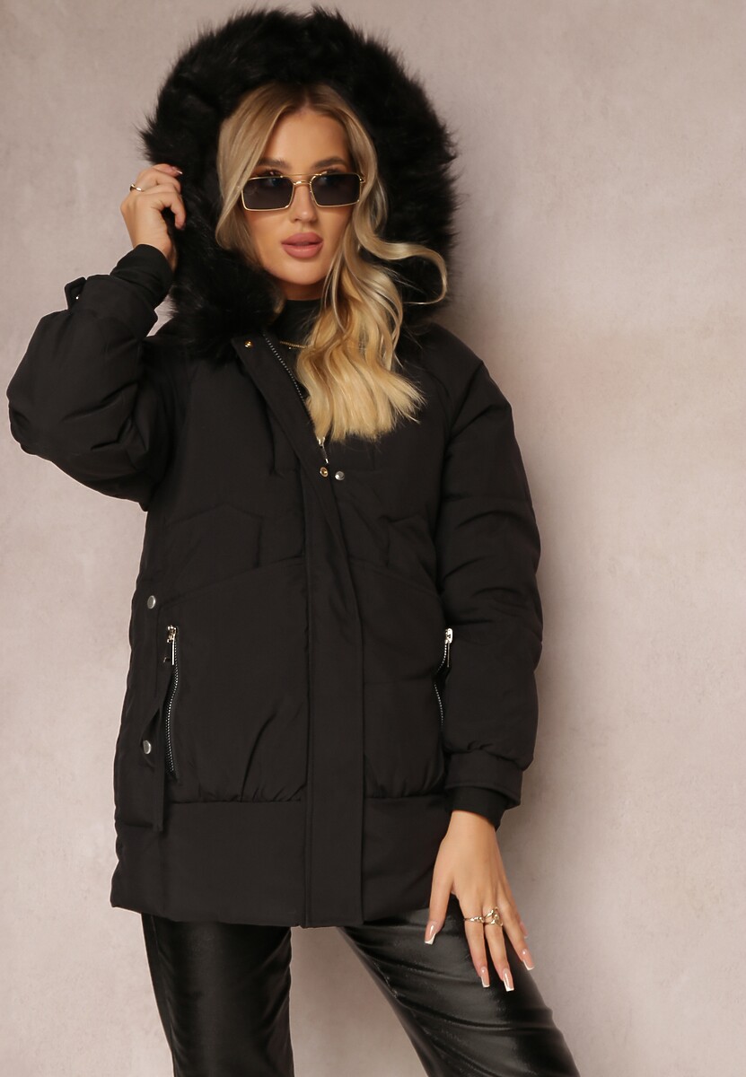 Czarna Kurtka z Kapturem i Futerkiem Mastasa