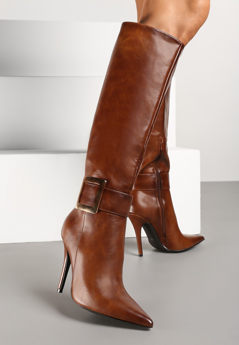 Bordowe Kozaki na Szpilce z Metaliczną Klamrą Evelinna