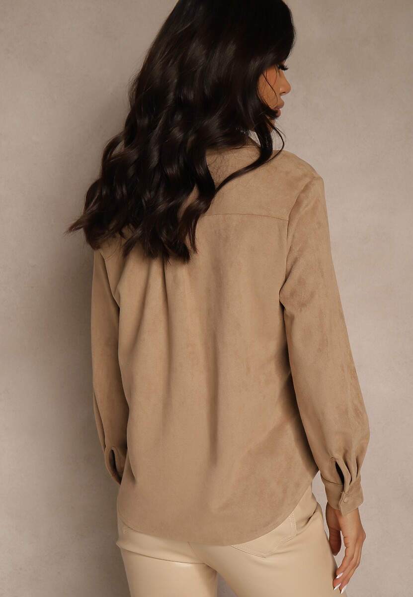 Beżowa Koszula z Imitacji Zamszu z Klapami Retilda