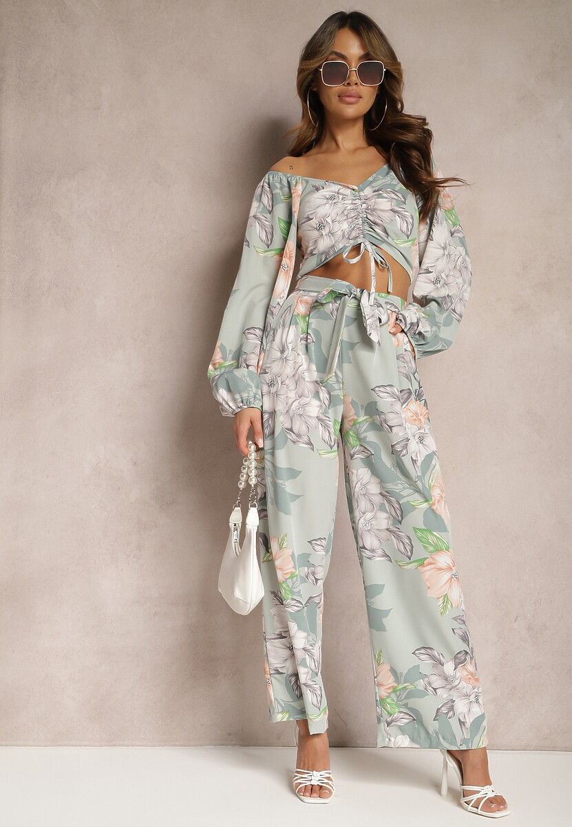 Miętowy Komplet 2-częściowy z Bluzką i Spodniami w Kwiatki Nillia