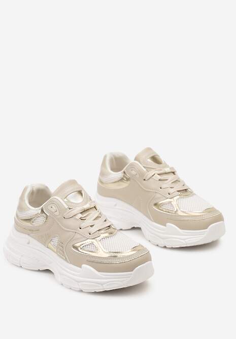 Beżowe Sneakersy z Siateczkowymi i Metalicznymi Wstawkami Telarisa