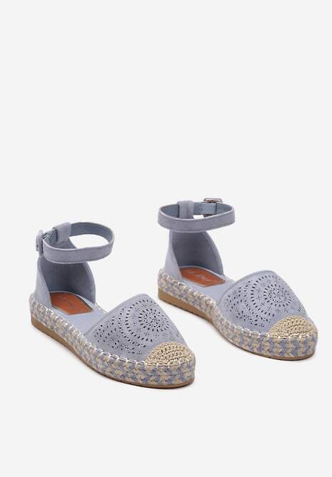 Niebieskie Espadryle na Płaskiej Podeszwie z Ażurowym Zdobieniem Zapinane Wokół Kostki Vizimaia