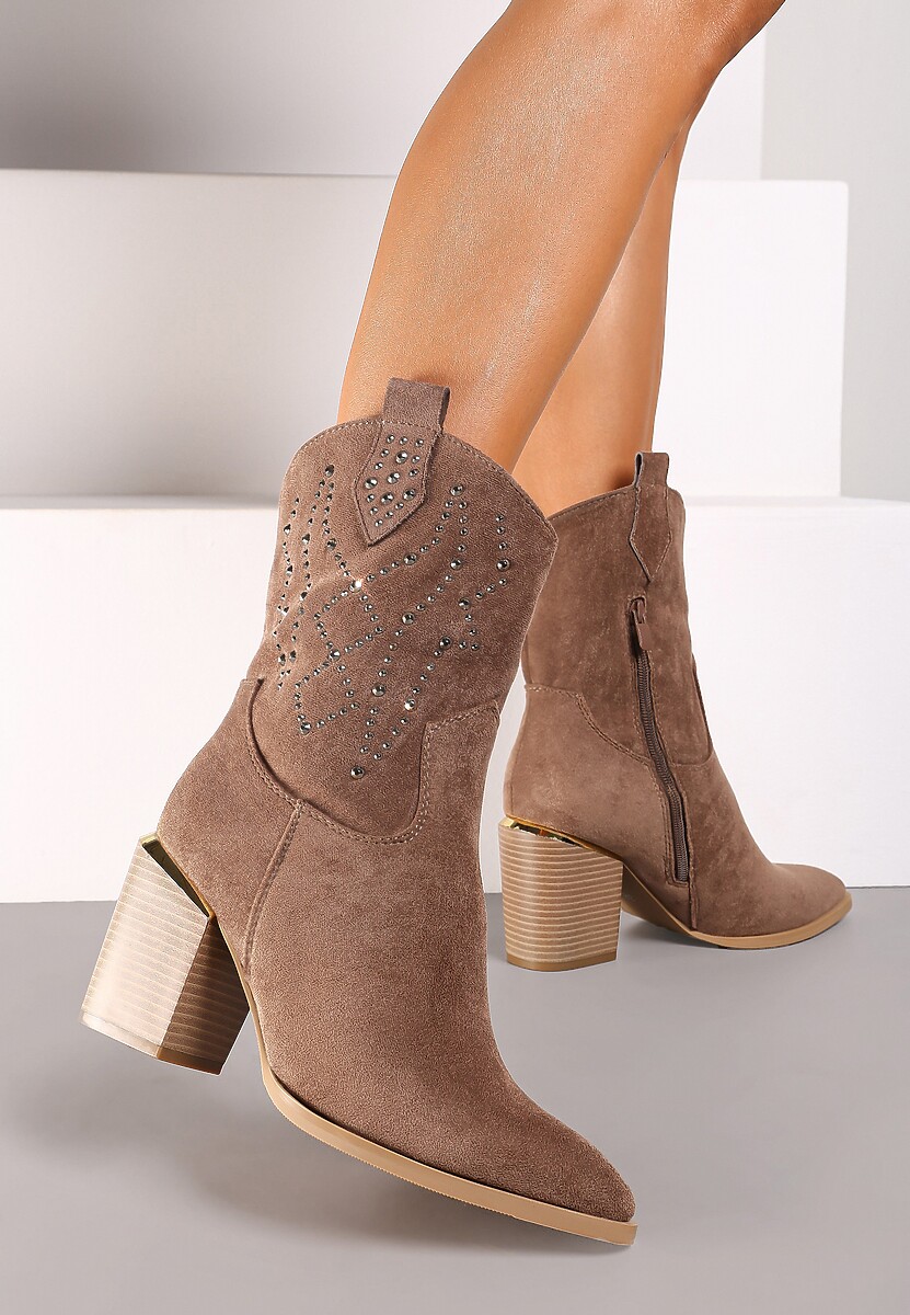 Ciemnobeżowe Botki na Słupku w Stylu Kowbojek Irilianne